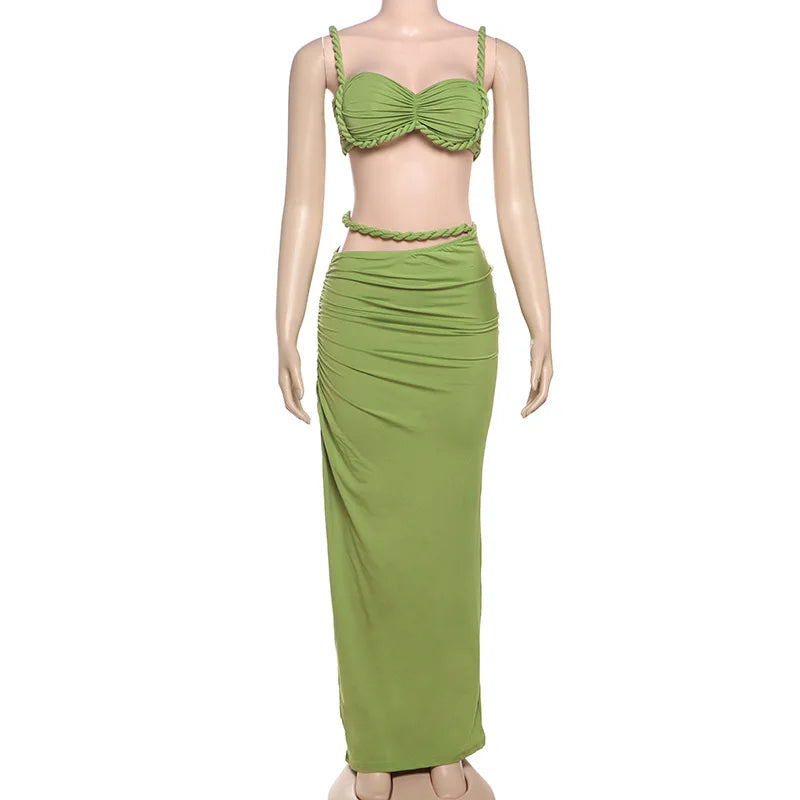 Ladies Summer Party 2 Piece Skirt Set Women Sleeveless Backless Crop Top Long Skirts Matching Sets Club Streetwear Woman Clothes