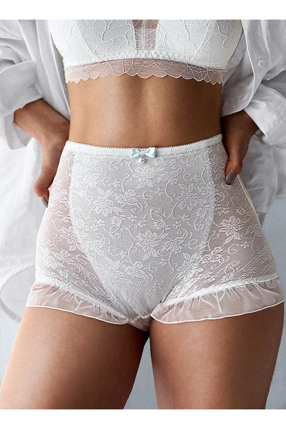 SP&CITY High Waist Flower Embroidery Sexy Lace Women's Underwear Transparent Shorts Mesh Hollowed Panties Ruffle Seamless Briefs
