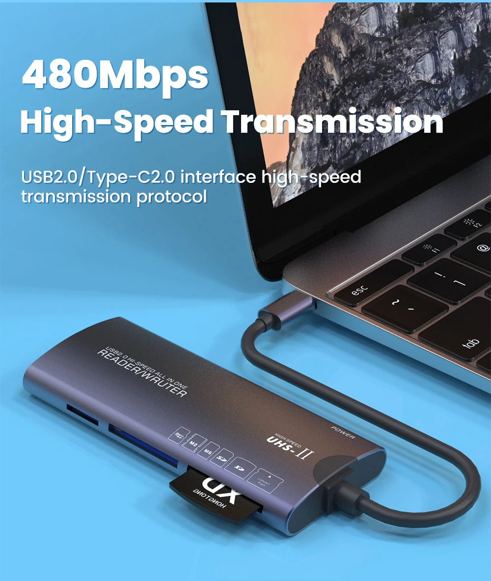 Elough 6 in 1 Card Reader SD TF XD CF M2 Memory Card Readers USB Adapter Type C High Speed Data Transfer Cardreader For Laptop