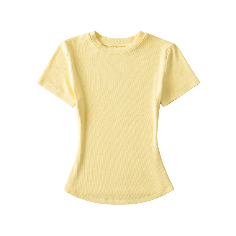 LUNDUNSHIJIA 2024 Summer Sexy Women Basic O-neck Short Sleeve T-shirt Ladies Slim Elasticity Cotton Tee Tops 12 Colors
