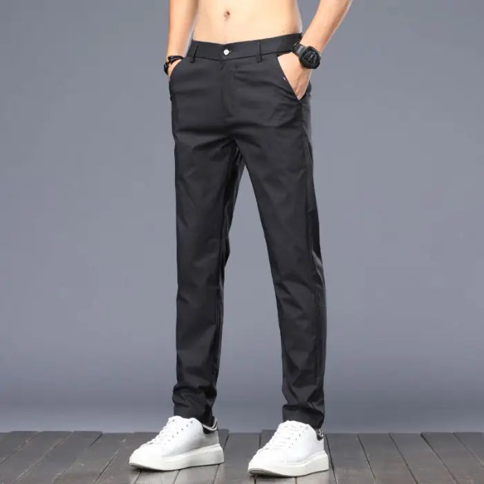 Men Ice Silk Casual Suit Pants Male Slim Fit Korean Style Blazer Pants Summer Thin Ankle Length Cropped Light Gray Trousers