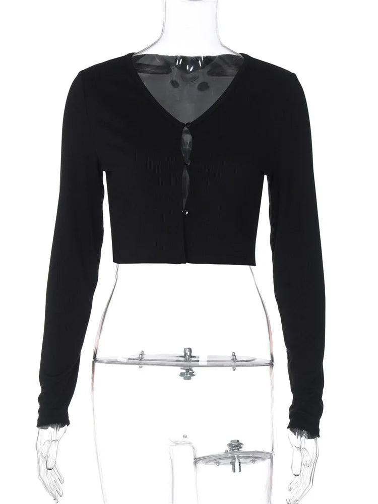 Tossy Sexy Female Cardigan T-shirt For Women Long Sleeve Cropped Patchwork Solid Ribbed Cropped Tee Female Summer T-Shirts Coat