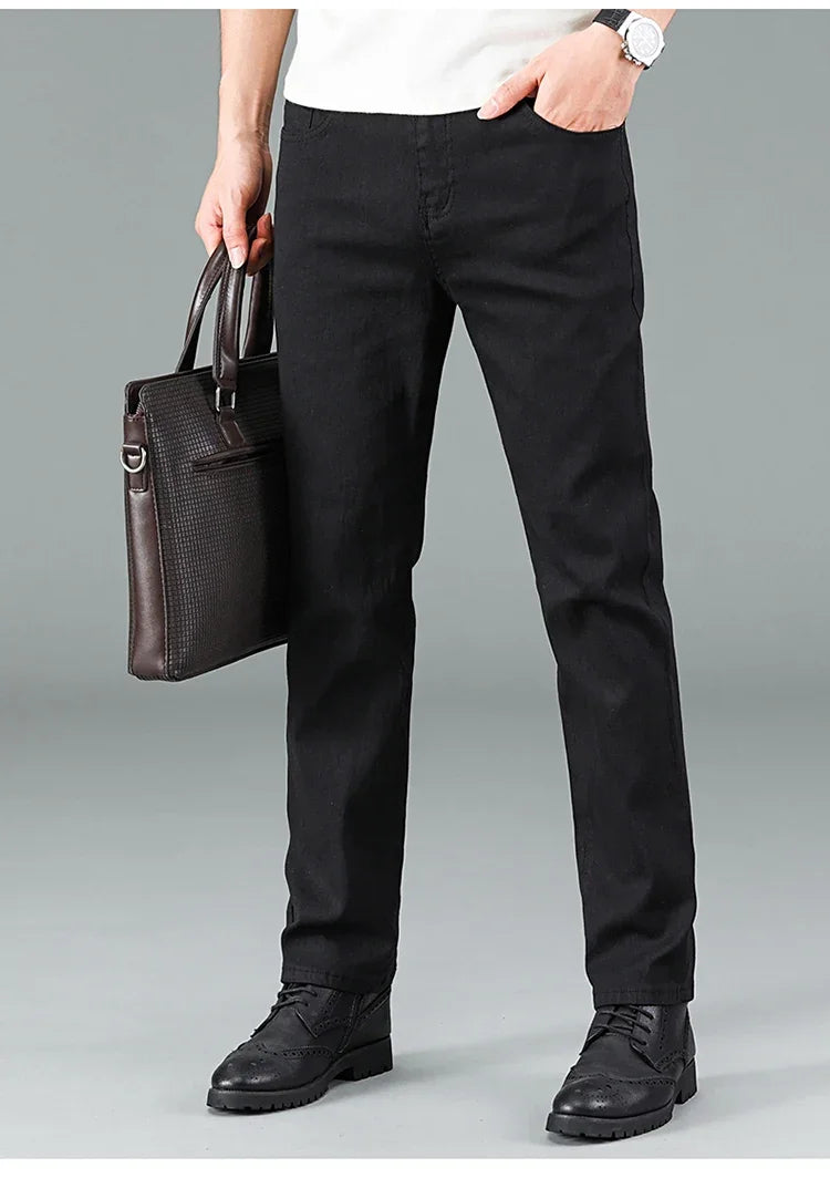 Men's Pure Black Slim Jeans Elastic Straight Pants Business Fashion Leisure Korean Vintage Skinny Small Feet Denim Pants Male