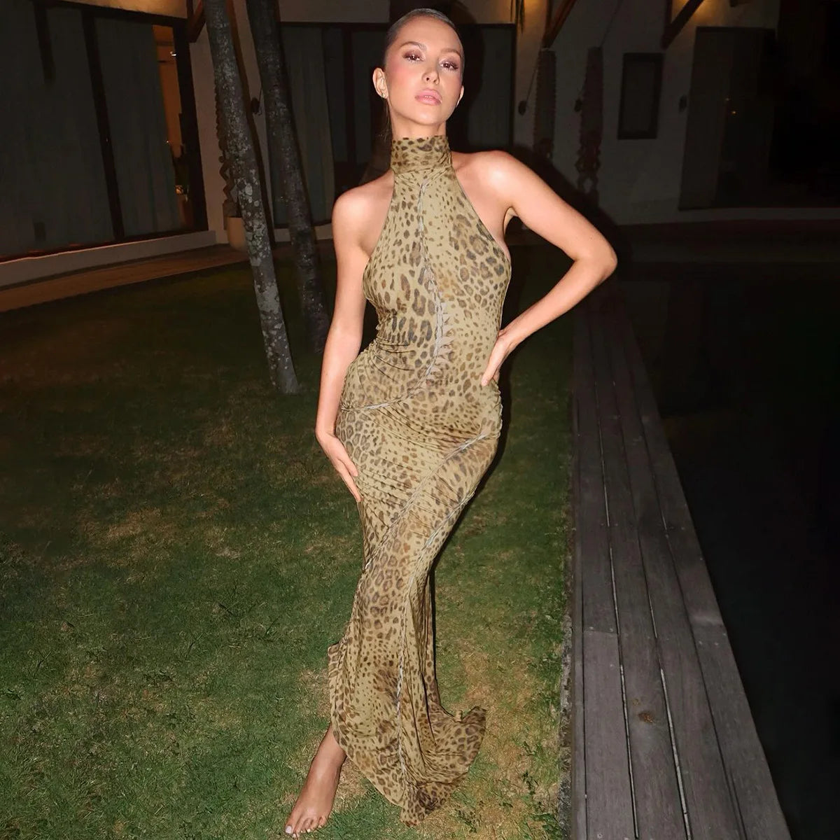Ladies Summer Leopard Print New Fashion Evening Party Dress Women Sleeveless Backless Halter Midi Dresses Woman Clothes Clubwear