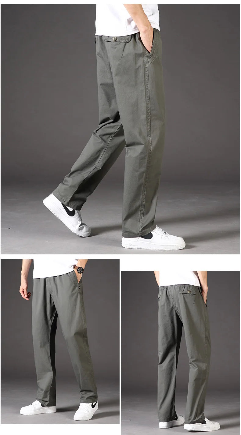 Mens Casual Pants With Zipper Pockets Cotton High Quality 2023 Summer Autumn Stretchable Waist Sports Work Utility Trousers