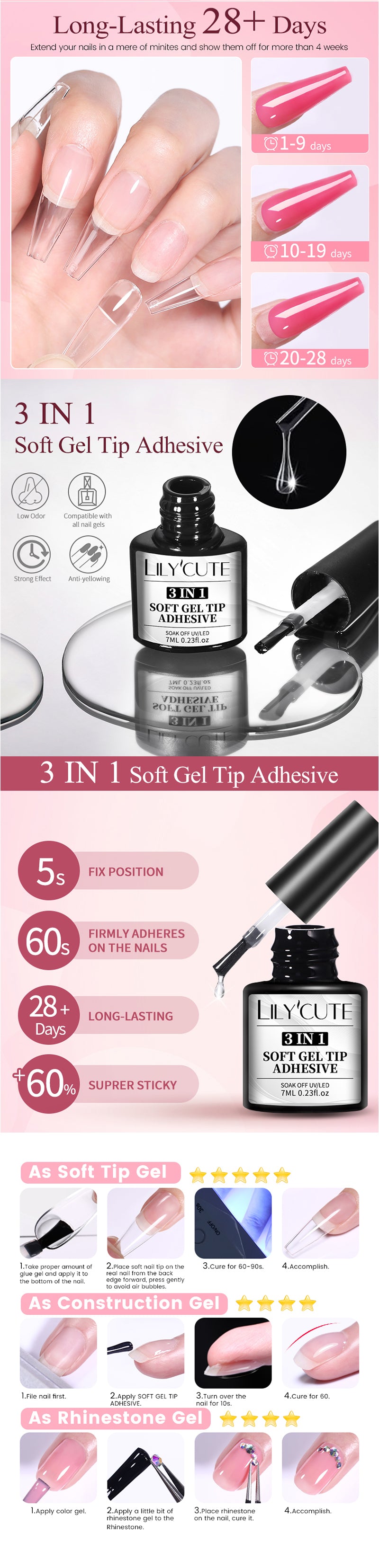 LILYCUTE 7ml 3 IN 1 Soft gel tips ADHESIVE Gel 24Pcs False Tips Extend Nails Function Gel Soak Off UV LED Nail Gel
