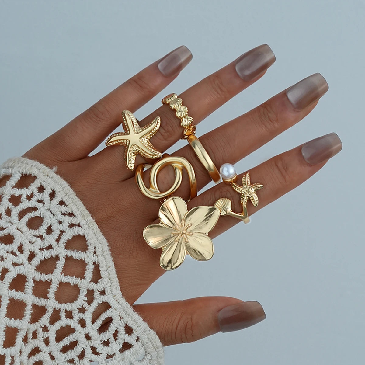 Boho Punk Exaggerated Metal Finger Rings Set for Women Vintage Flower Pearl Crystal Starfish Shell Rings Summer Beach Jewelry