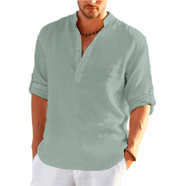 2023 New Men's Linen Long Sleeve T-Shirt Solid Color Loose Casual T-Shirt Long Sleeve Cotton Linen Shirt S-5XL
