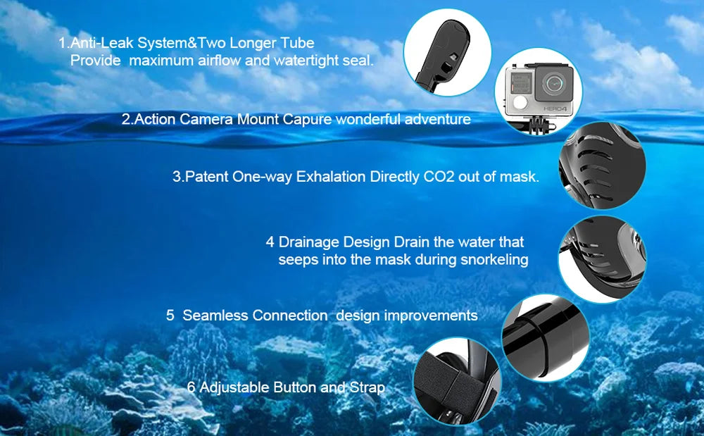 Full Face Snorkel Mask 180°Panoramic View Silicone Dry Top Snorkeling Diving Swimming Goggles With 2 Snorkels Anti-Fog Anti-Lea