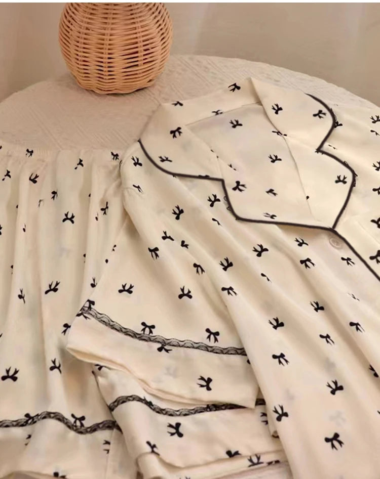 Sweet Cute Lace Flower Side Bow Print Women's Pajamas Simulated Silk Short Summer Cool Lady Lounges 2024 New Classy Y2k Homewear