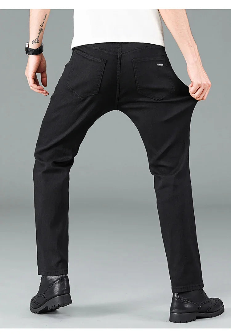 Men's Pure Black Slim Jeans Elastic Straight Pants Business Fashion Leisure Korean Vintage Skinny Small Feet Denim Pants Male