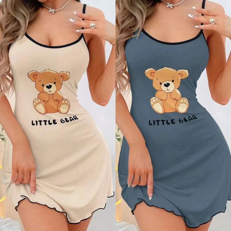 New Womens Sexy Little Bear Print Nightgown Cute Cami Sleep Dress Mini Spaghetti Strap Lettuce Hem Contrast Trim Loungewear