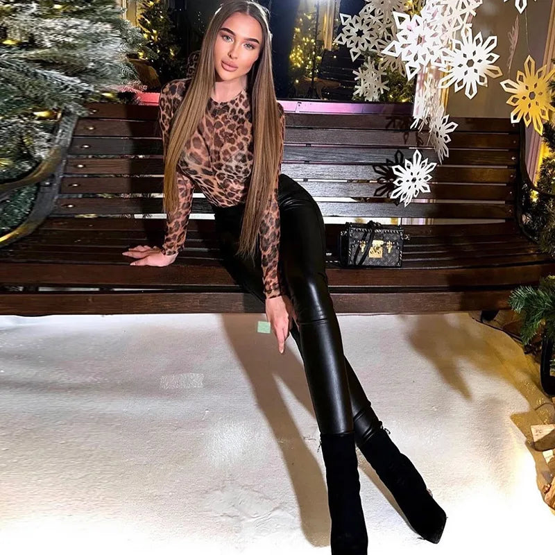 Ladies Autumn One Piece Leopard Print New Fashion Long Sleeve O-Neck Skinny Sexy Bodysuit Women Party Club Wear Y2K Fall Outfits