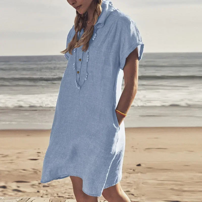 Women's L-5XL Plus Size Summer Cotton and Linen Short Sleeved Button Dress with Lapel Pockets Solid Color Loose Fitting Dress