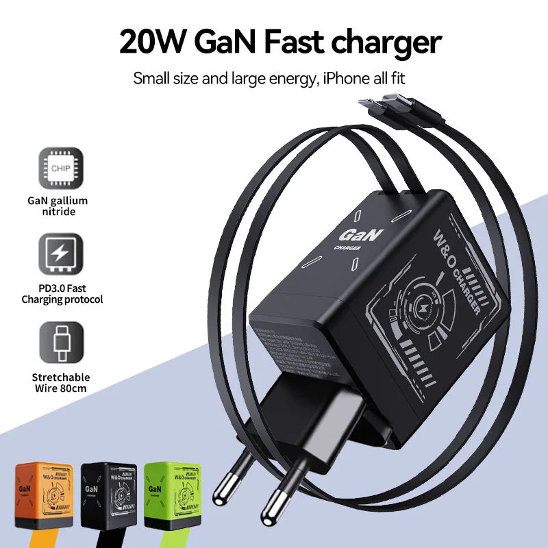 W&O GaN Fast Charging 20W Cable Type C and Lightning Liquid Silicone Cable for iPhone 14 15 Pro Max Xiaomi Realme Redmi ﻿