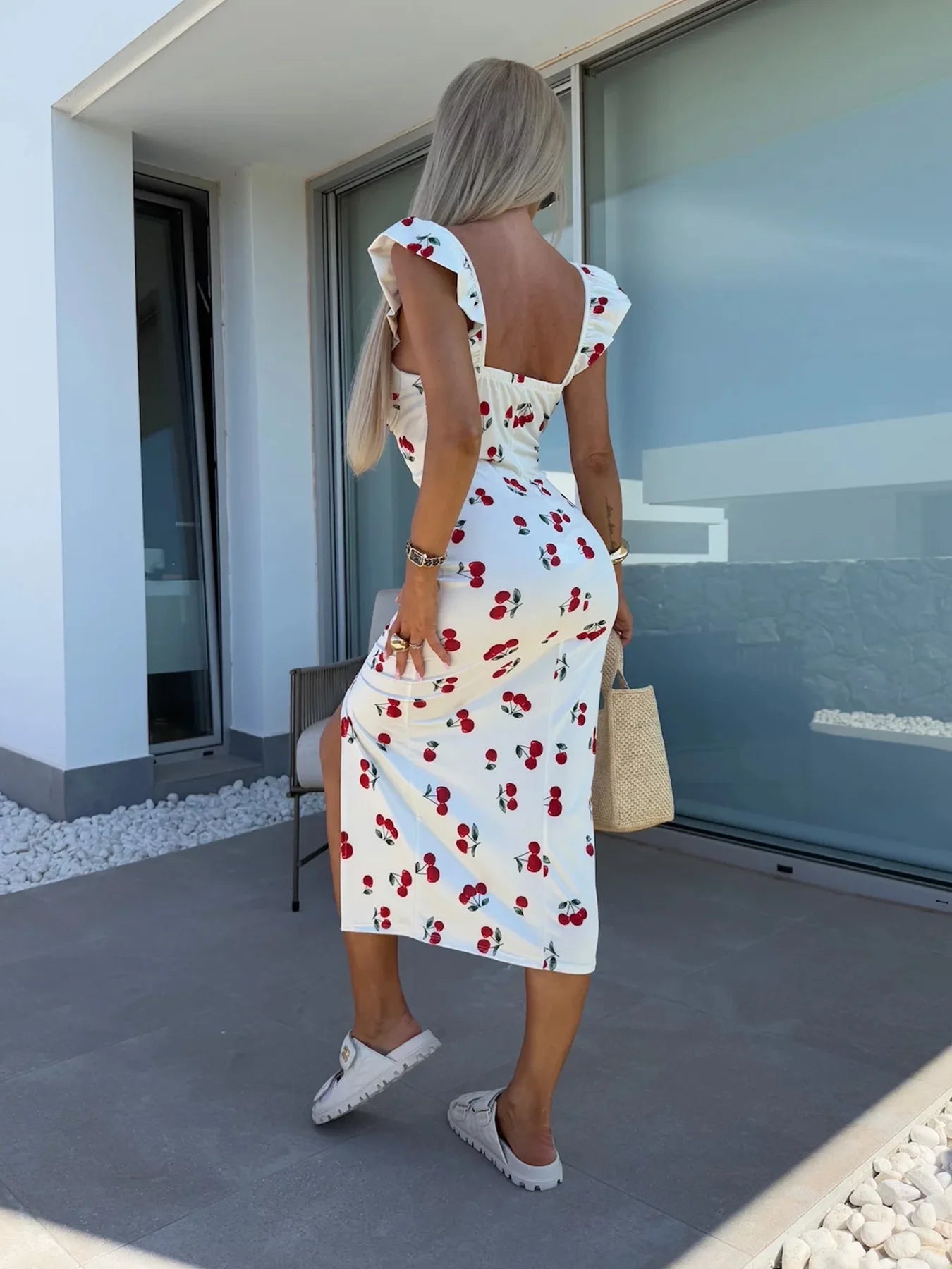 European and American summer new elegant design French flower suspender slit midi-length ladies dress