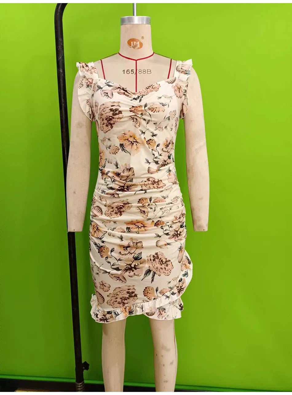 Summer Sexy Floral Bodycon Mini Dress Women 2024 Fashion Sleeveless Bandage Tunics Party Dresses Casual Red Ruffles Sundress