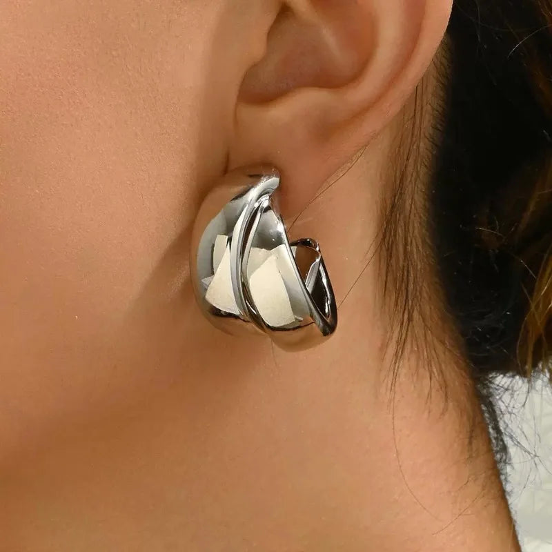 Stainless Steel Chunky Hoop Earrings for Women Girls Gold Color Double Ring Thick Geometric Drop Earrings Statement Jewelry Gift