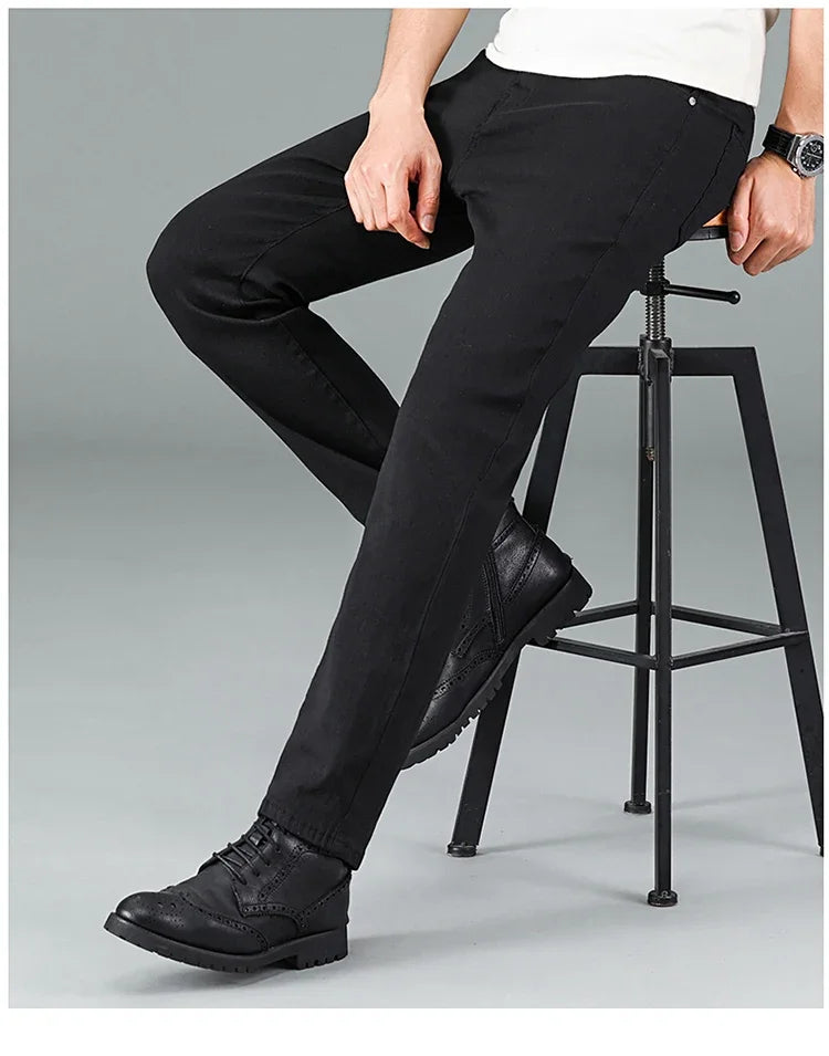 Men's Pure Black Slim Jeans Elastic Straight Pants Business Fashion Leisure Korean Vintage Skinny Small Feet Denim Pants Male