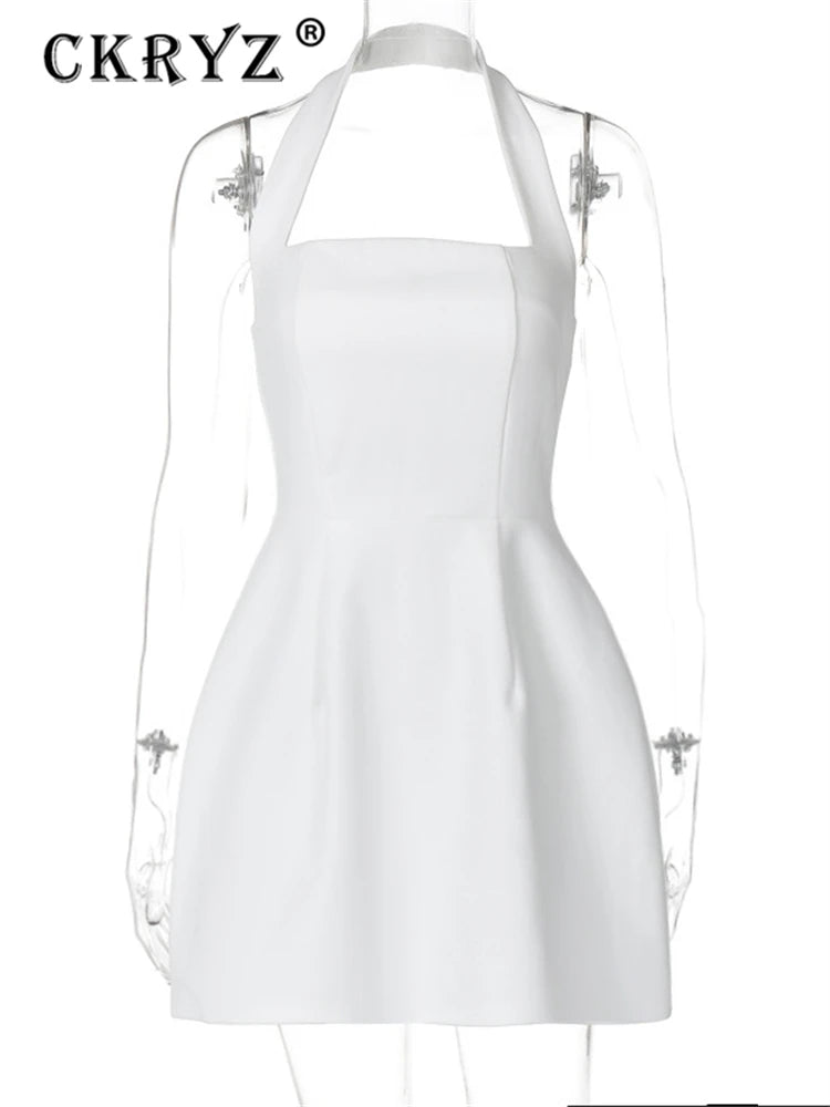 Ladies Halter Square Collar Backless Mini Dress Women Fashion Solid Sleeveless A-Line Elegant Club Party Dresses Female Outfits
