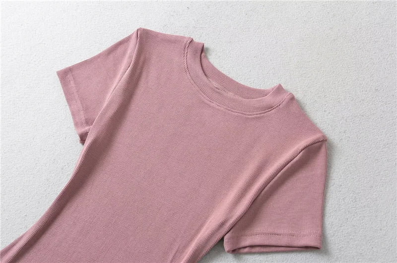LUNDUNSHIJIA 2024 Summer Sexy Women Basic O-neck Short Sleeve T-shirt Ladies Slim Elasticity Cotton Tee Tops 12 Colors