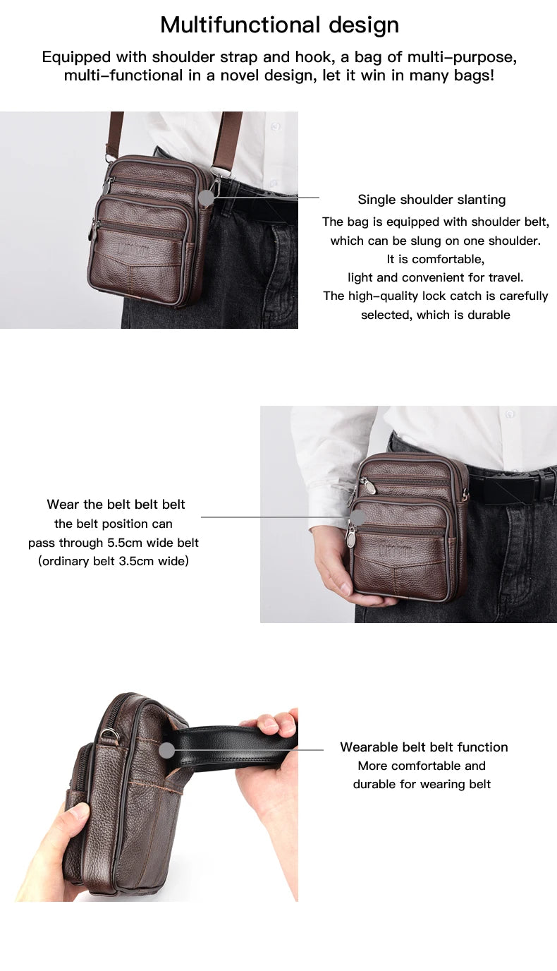 Men's Genuine Leather Crossbody Bag High Quality Zipper Pocket Retro Business Messenger Bag for Men