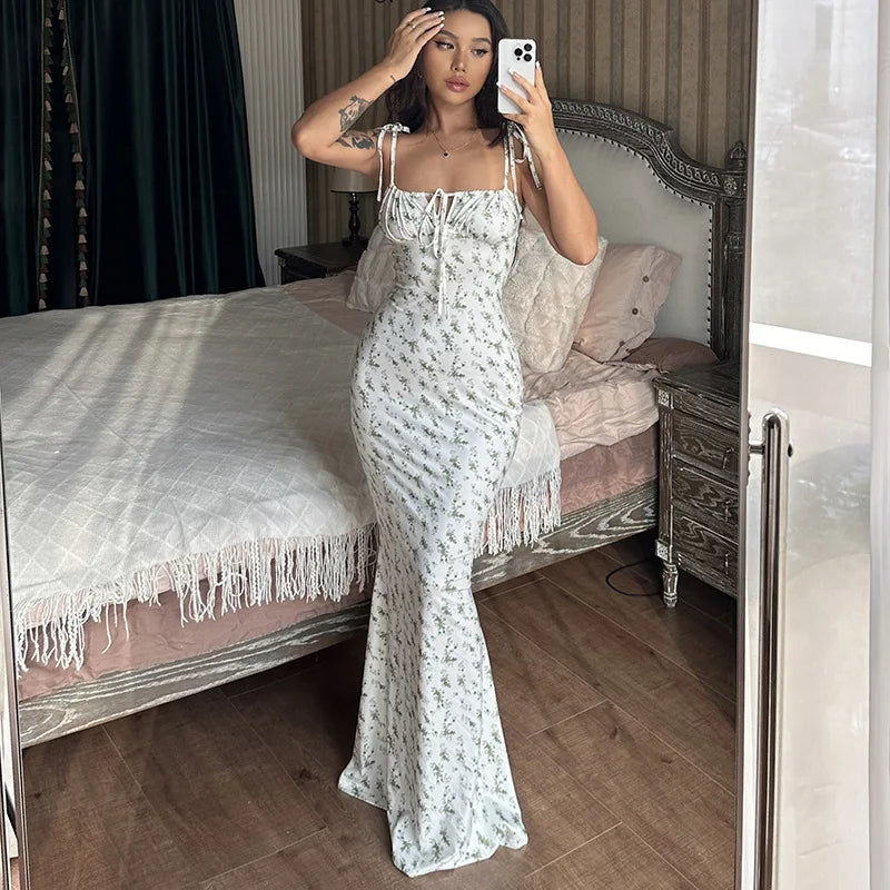Ladies Summer Floral Print New Fashion Evening Party Dress Sleeveless Backless Sexy Long Dresses Woman Clothes Birthday Clubwear