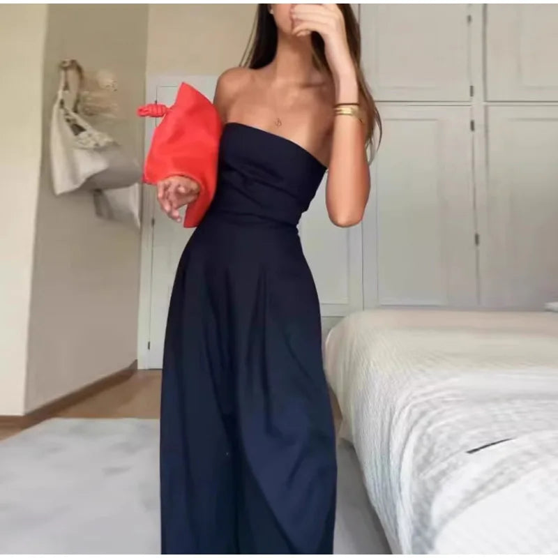 Sexy Backless Women's Jumpsuits Solid Off Shoulder Waist Cinching Pockets Wide Leg Pants Lady Bodysuit Summer Female Outwears