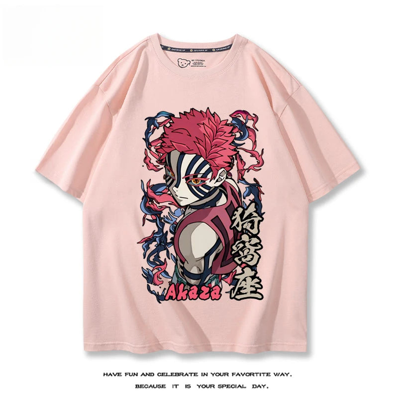 Hot Anime Demon Slayer Akaza Printed 100% Cotton T-Shirt Summer Outdoor Casual Comfortable Trendy Street Men's