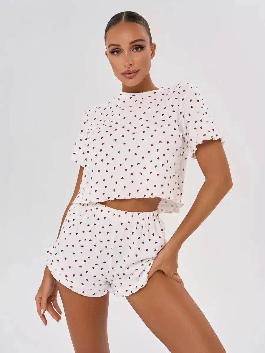 New Summer Women's Pajama Set, Cotton-blend Home Wear With Heart Print, Casual Round Neck Short Sleeve Shorts Two-piece Set