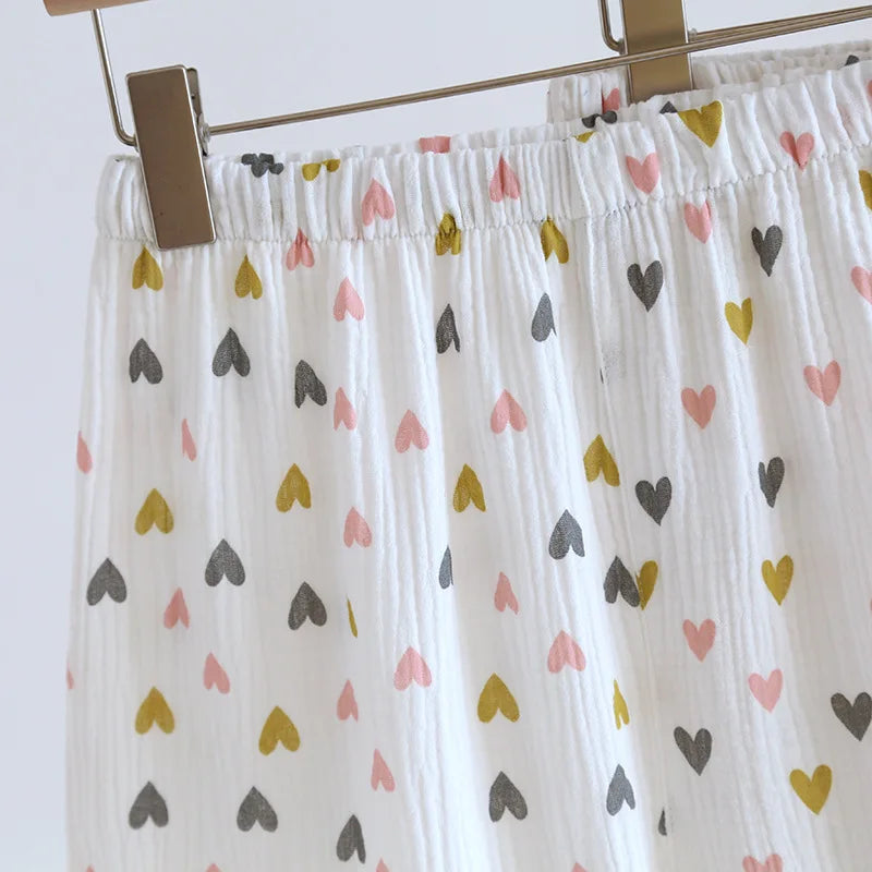 Small Love Heart Printed Cotton Pajamas for Women Three Piece Set Spring and Summer Short Sleeved Shorts Homewear Long Pants Set