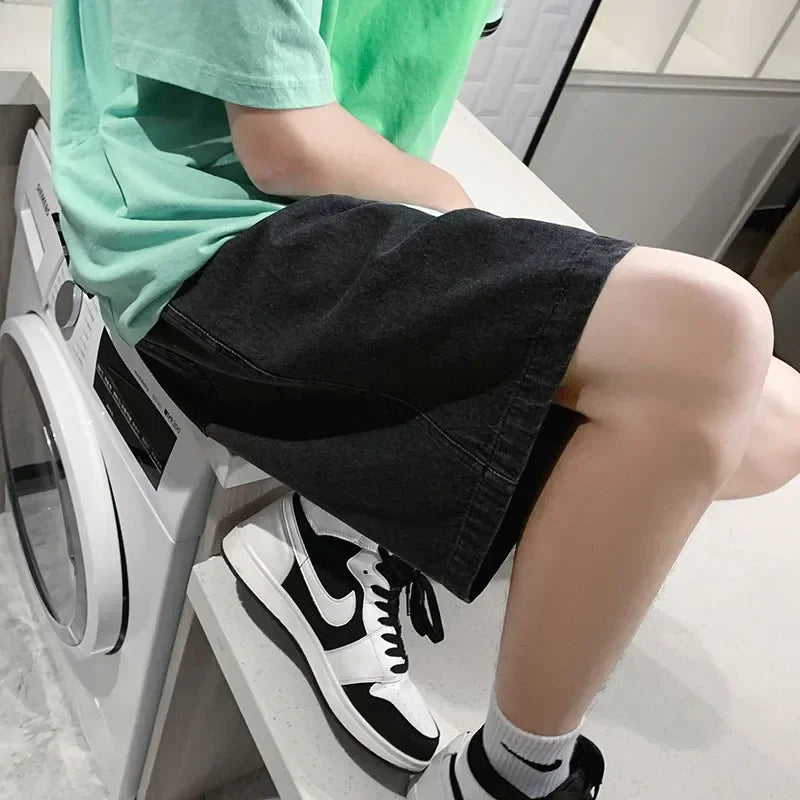 2025 new Fashion Streetwear Men's Denim Shorts Summer Loose Vintage Harajuku Splicing Hip-hop Cargo Moto Short Jeans Black Blue