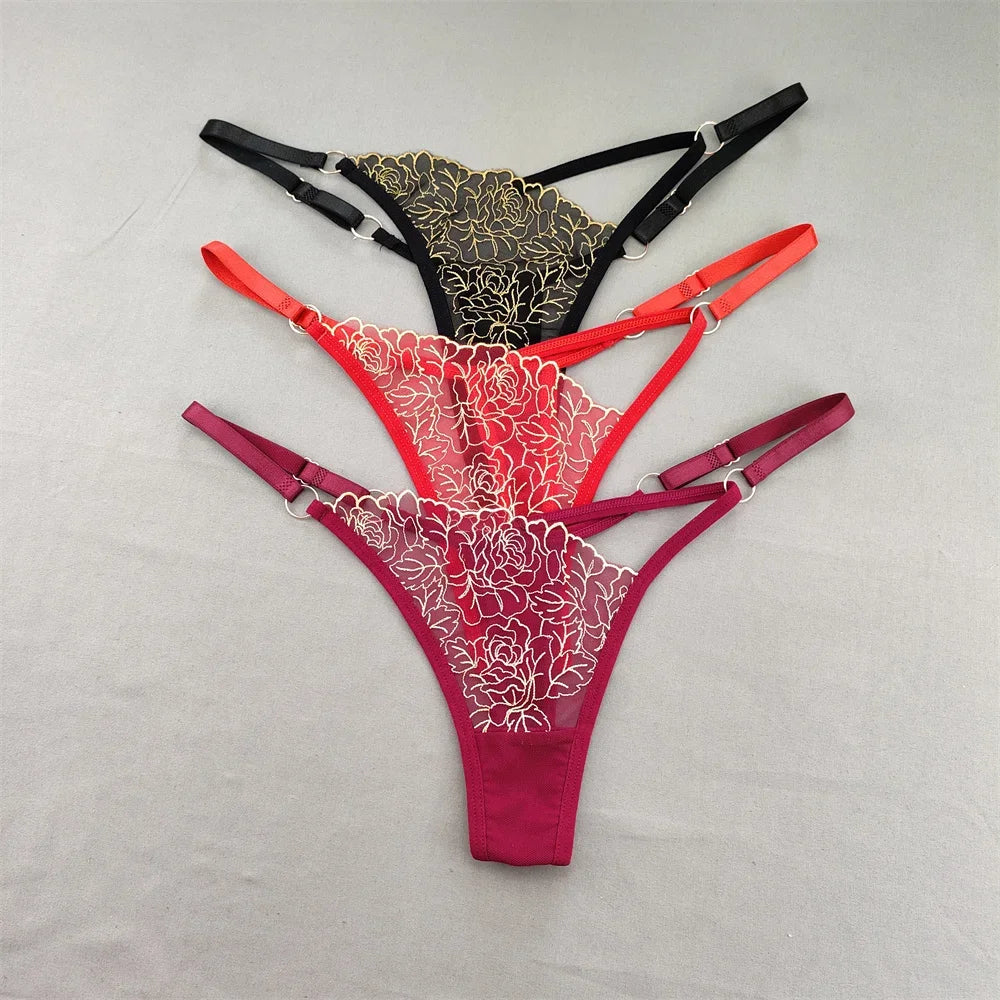3pcs V-shaped Sexy Lace Floral Thong Women Hollow Out V-Strings Adjustable Belt Transparent Underwear