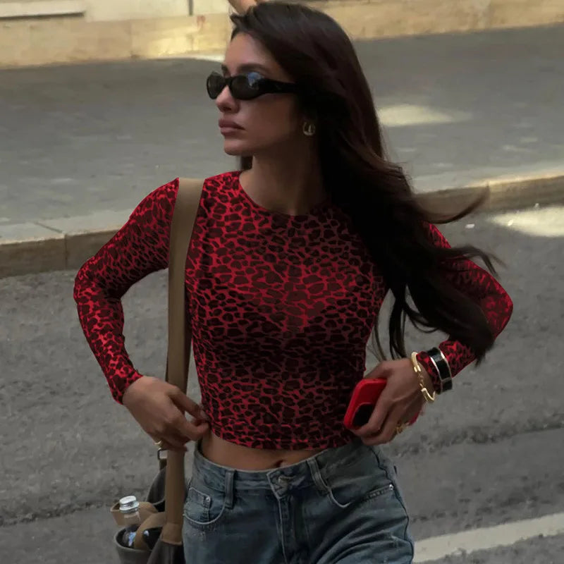 Ladies summer Leopard Print Clubwear Y2K Clothes Women Long Sleeve O-Neck Mesh See Through Slim T Shirt Holiday Streetwear Tees