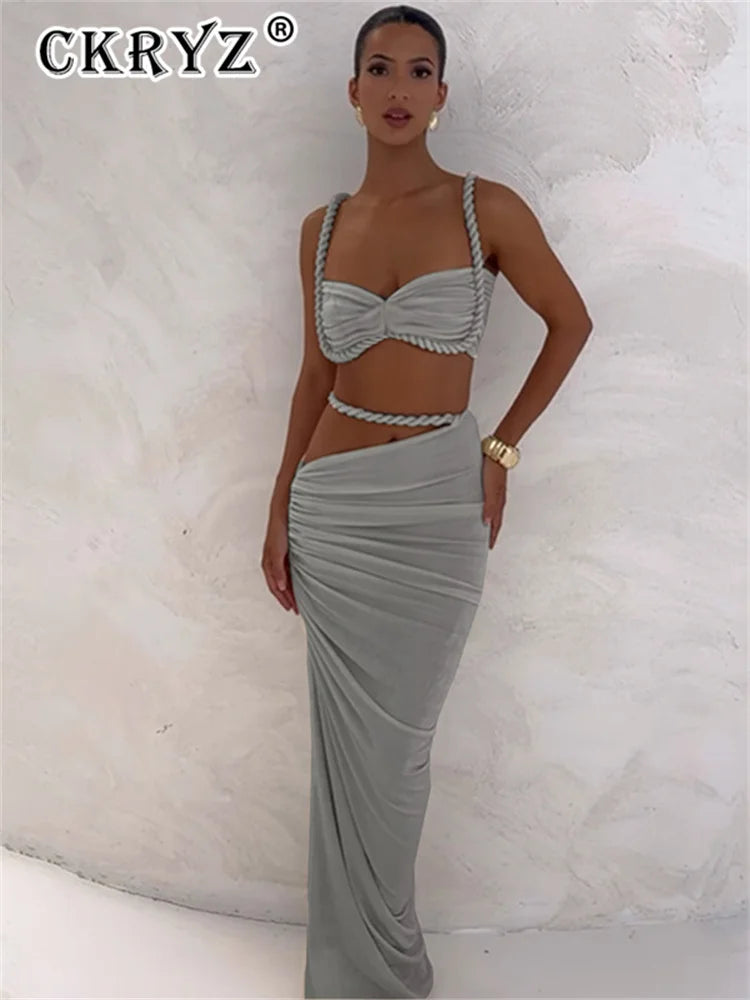 Ladies Summer Party 2 Piece Skirt Set Women Sleeveless Backless Crop Top Long Skirts Matching Sets Club Streetwear Woman Clothes