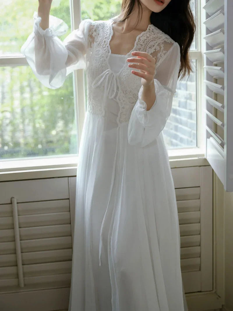 Princess Fairy Night Dress Robe French Morning Gown Lace Mesh Ruffles Vintage Sexy Two-piece Nightgown Female Spring Summer