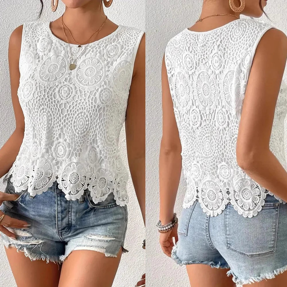 Casual Events XL L Casual Women Top Breathable Lace Summer Vest Breathable Fabric Breathable Vest Daily Wear Round Neck