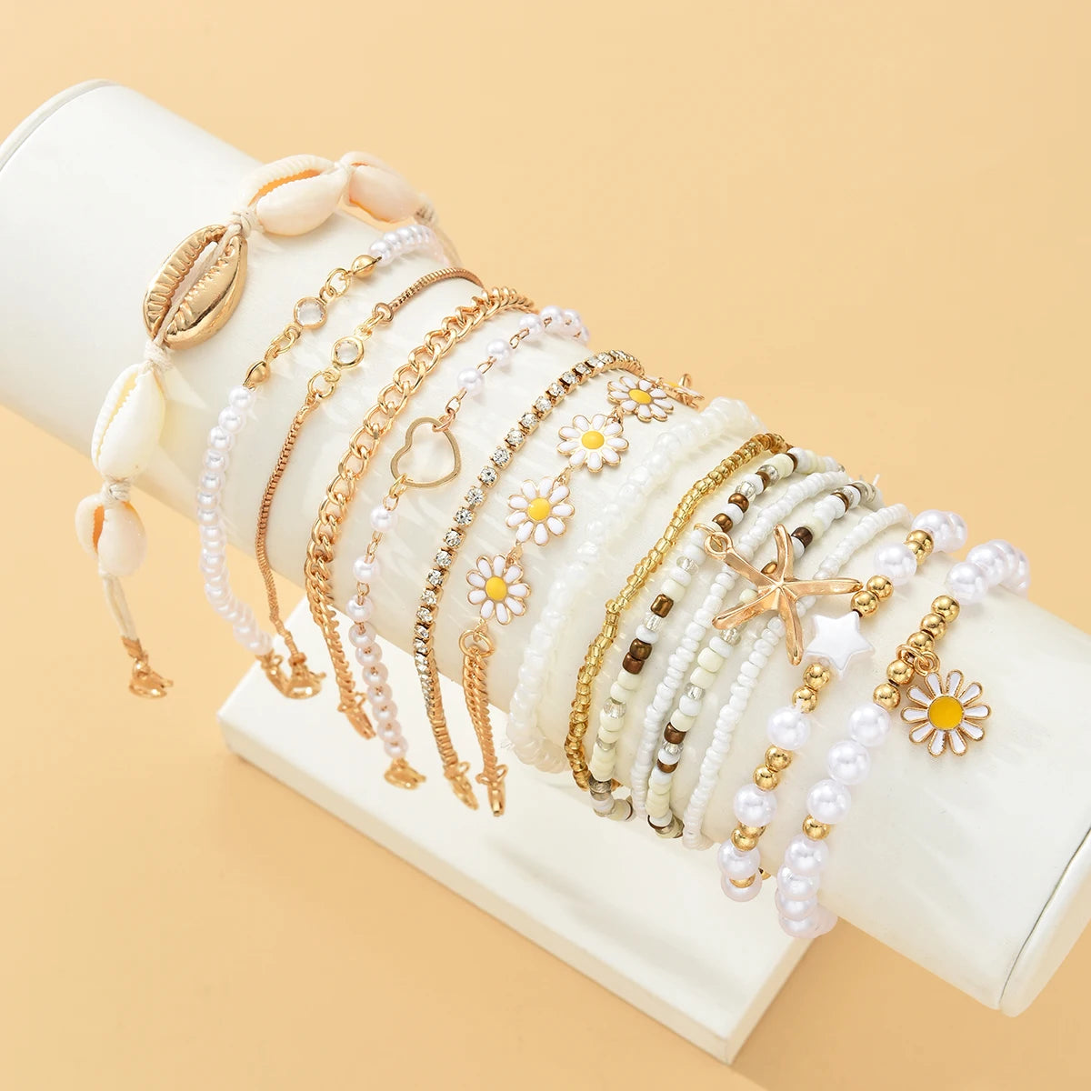 Boho Daisy Starfish Rice Beads Bracelets for Women Stacked Heart Imitation Pearl Chain Bracelet Fashion Jewelry Beach Summer