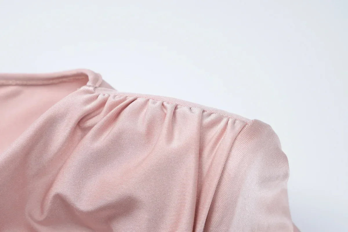 New Elegant High Waist Folds Long Maxi Pink Dresses for Women 2025 Chic O-neck Long Sleeve Tunics Slim Solid Party Evening Dress