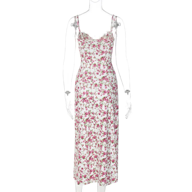 Ladies Summer Floral Print Fashion Evening Party Dress Women Sleeveless Backless Side Slit Midi Dresses Woman Clothes Clubwear