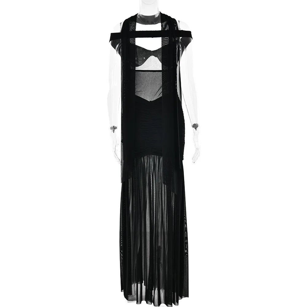 Ladies Summer Elegant Evening Party Dress Women Sleeveless Backless Side Slit Mesh Long Dresses Woman Clothes Birthday Clubwear