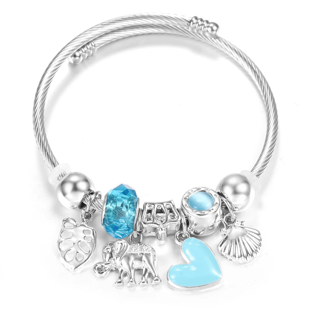 New Rhinestone Heart Shaped Pendant Stainless Steel Beaded Bracelet 4 Colors High Quality Closure Bangles Women Bracelet Jewelry