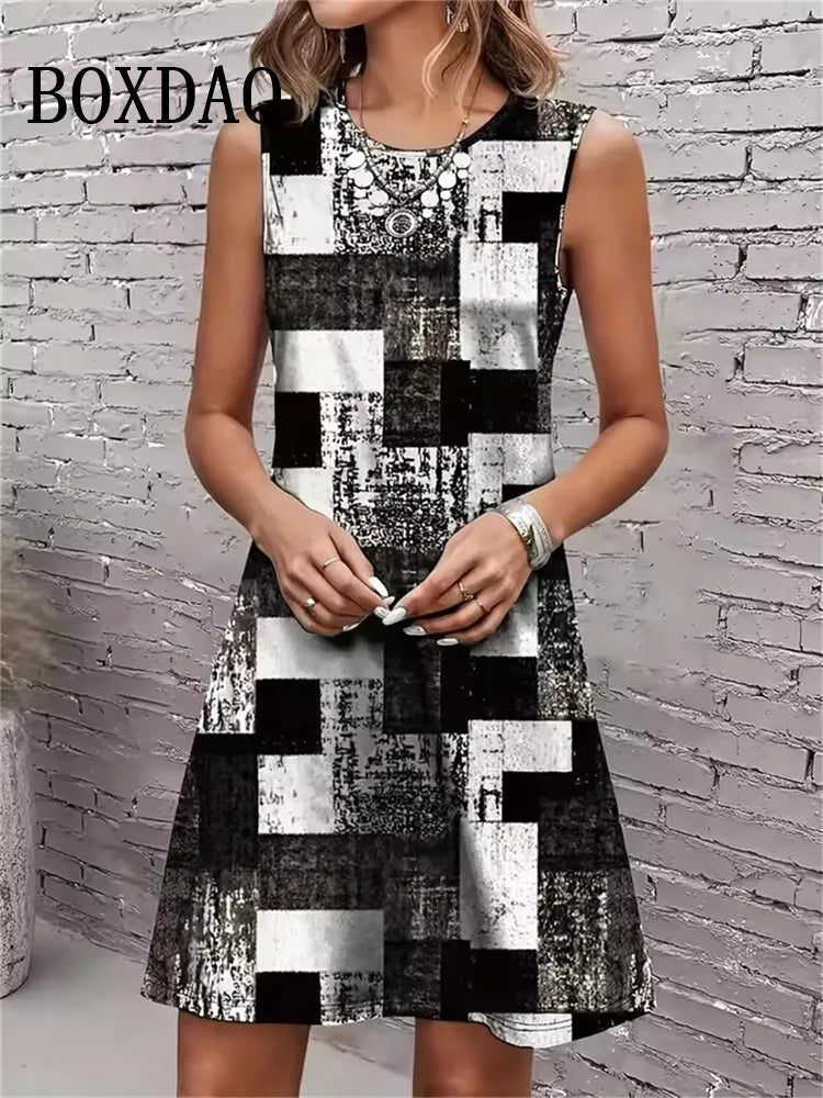 Striped Print Dresses Summer Elegant Women'S Clothing Fashion Loose Sleeveless A-Line Dress 2025 Sundress Casual Plus Size Dress