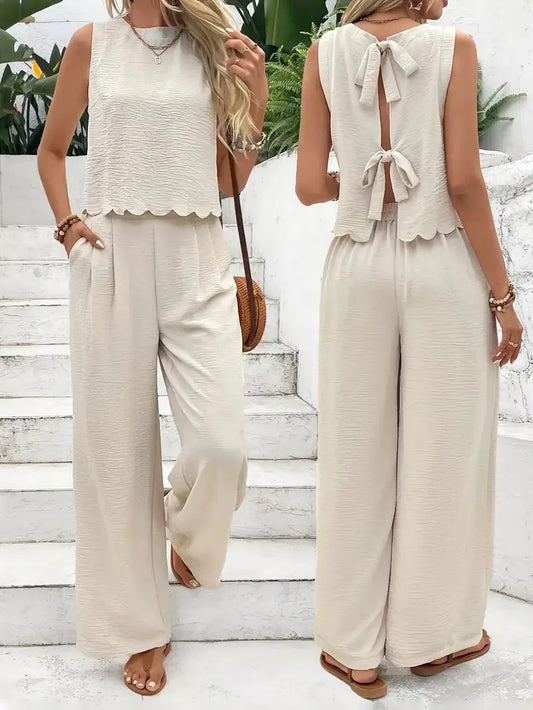 QX  Women's Two-piece Suit 2025 Black Apricot 32973 Elastic Waist Suit Best-selling Sleeveless Tie Fashion Trousers