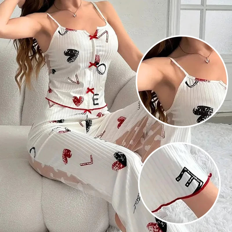 Women's Sexy Two-Piece Pajama Set Printed Lace Patchwork V-Neck Strap Top with Back Lace Detail Comfortable Sleepwear