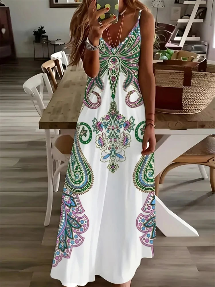 Summer Women's Fashion Vintage Print Maxi Dress Casual Elegant Sleeveless Halters Evening Dress Bohemian Style Women's Dress