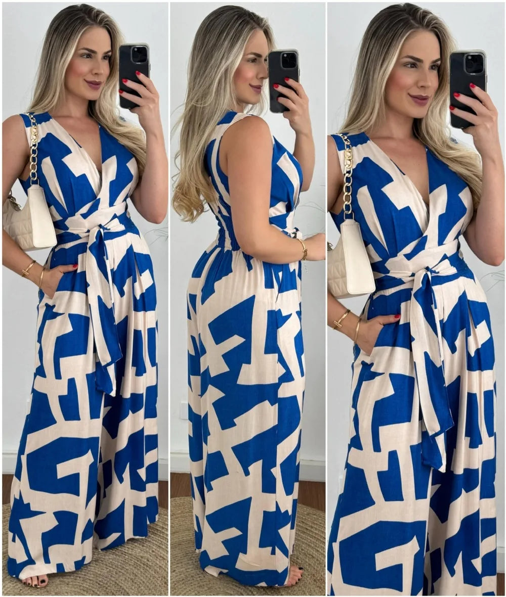 Autumn Women's Fashionable And Casual Jumpsuit Color Matching Deep V-waist Tied Sleeveless Mid Waist Straight Jumpsuit Women