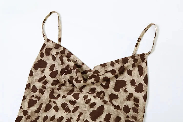Mooyufon Leopard Print Dress Woman Summer Sexy Swing Collar Spaghetti Straps Backless Ruffles Party Clubwear Skinny Vestidos