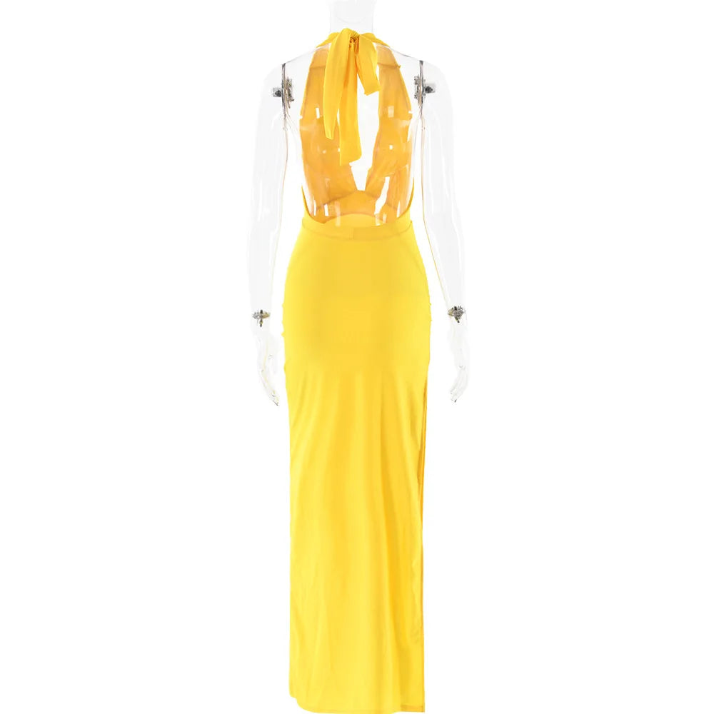 Ladies Summer Fashion Evening Party Dress Women Backless Deep V-Neck Halter Sexy Long Dresses Woman Clothes Birthday Clubwear