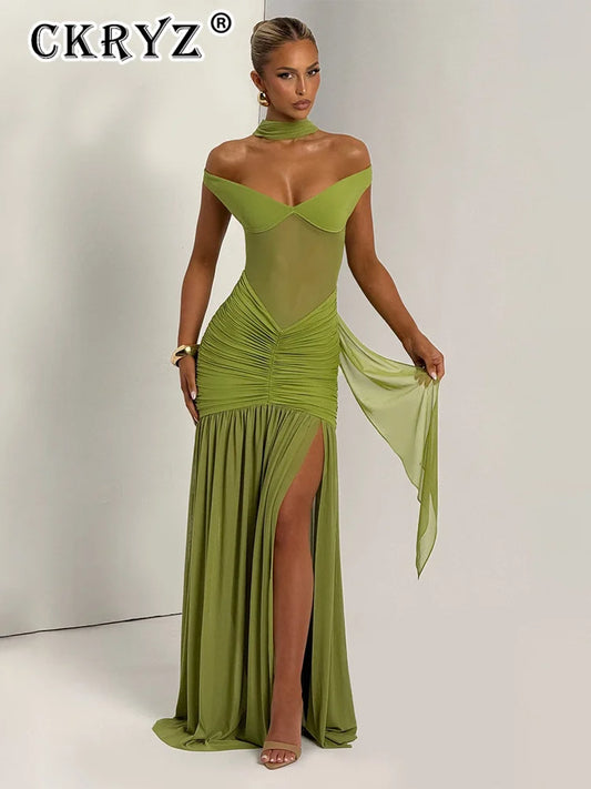 Ladies Summer Elegant Evening Party Dress Women Sleeveless Backless Side Slit Mesh Long Dresses Woman Clothes Birthday Clubwear